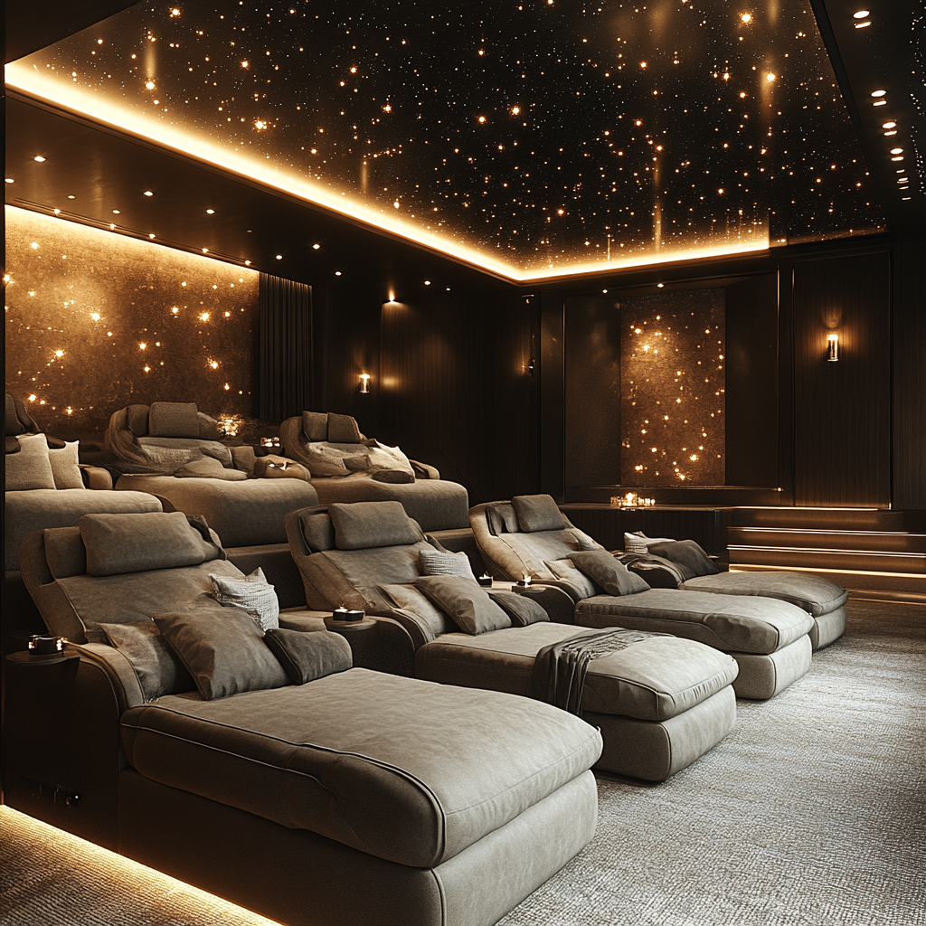 A cozy home theater with star ceiling and seating