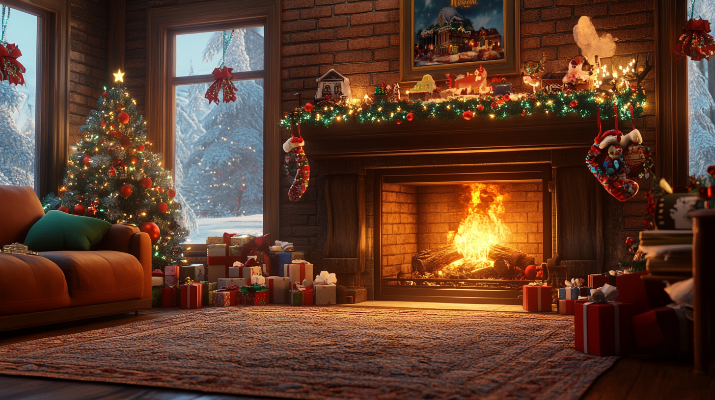 A cozy living room decorated for Christmas with fireplace