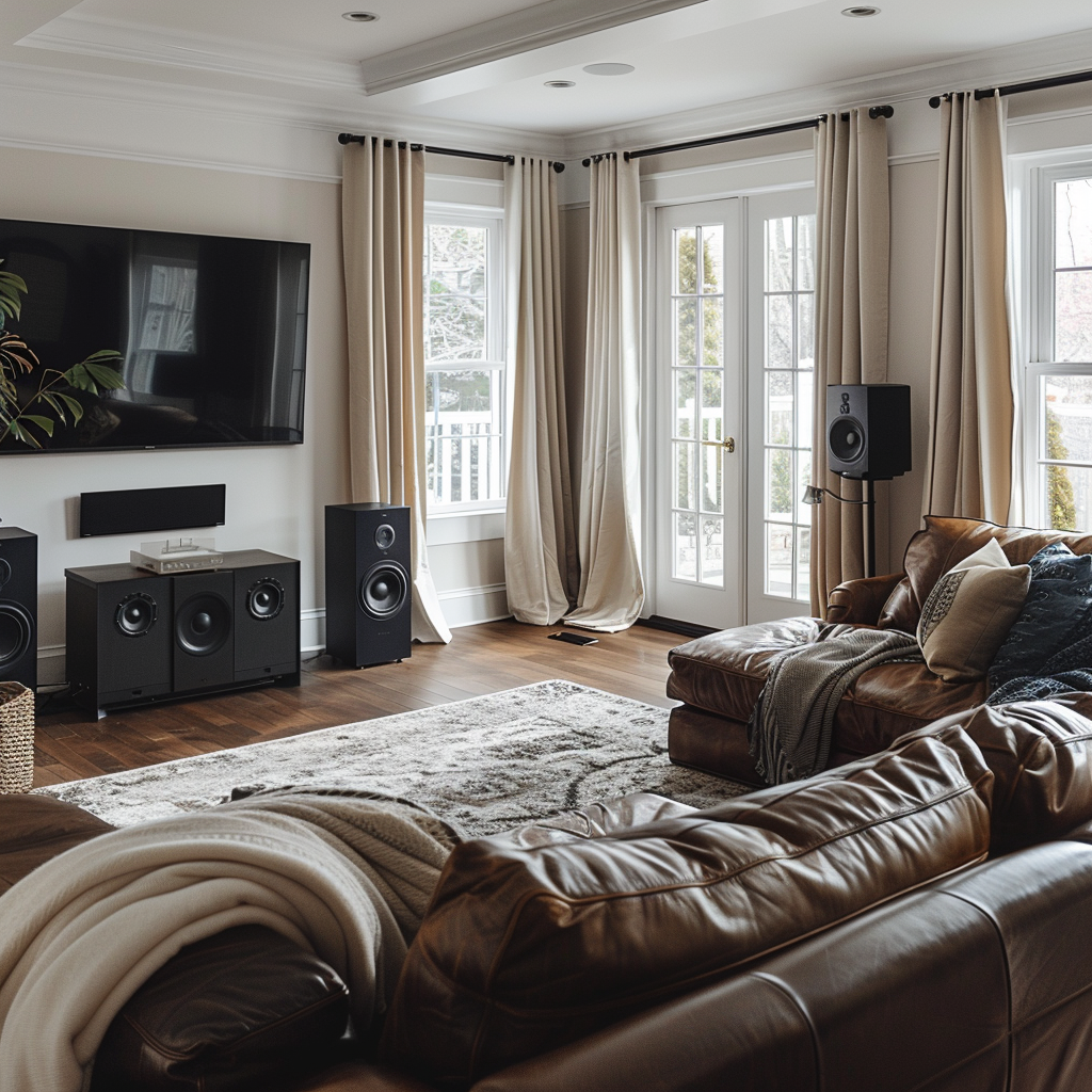 A cozy living room with dark brown furniture