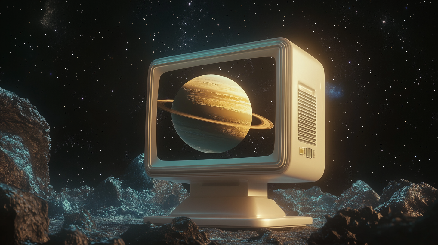 A cozy old computer with Saturn in a dreamy space.