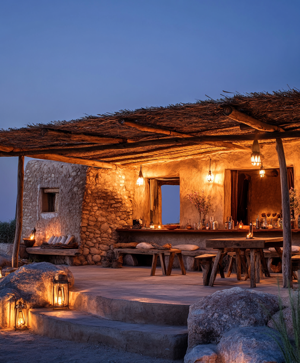 A cozy outdoor hut with straw roof and LED lights