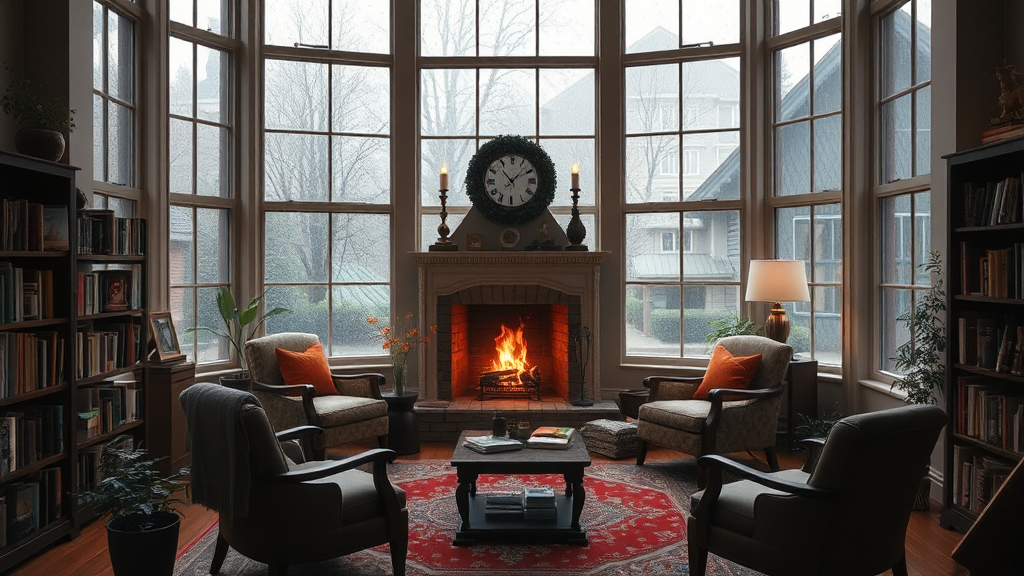 A cozy reading room on a rainy day.