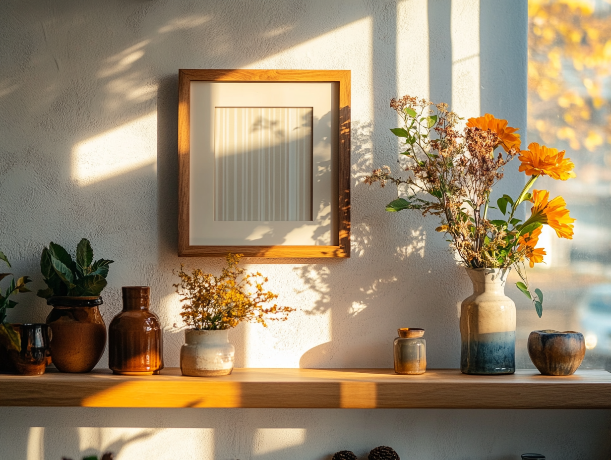 A cozy room with decorations and picture frames