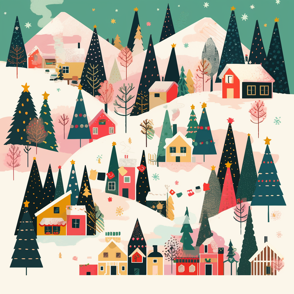 A cozy snow-covered village with Christmas decorations