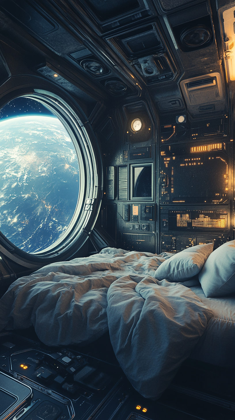 A cozy unmade bed in futuristic space station.