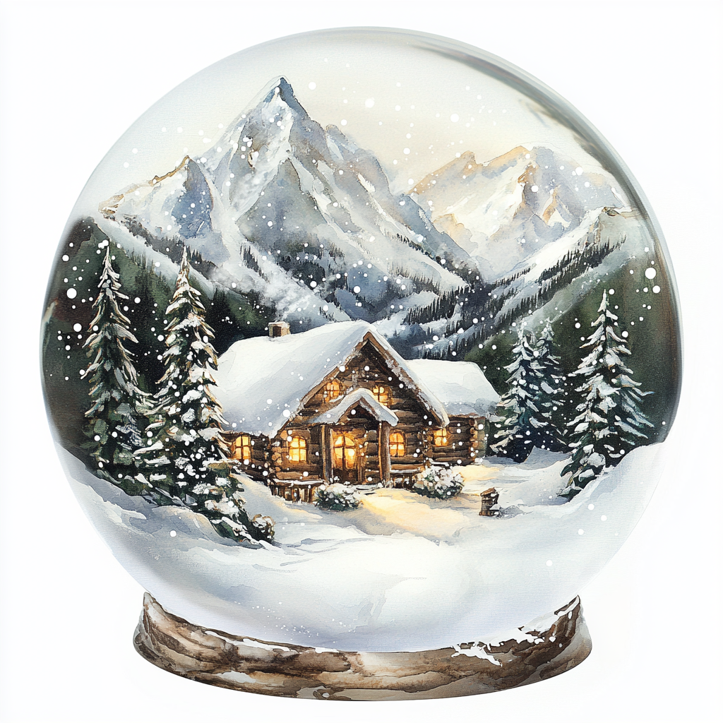 A cozy winter lodge in snow globe scenery