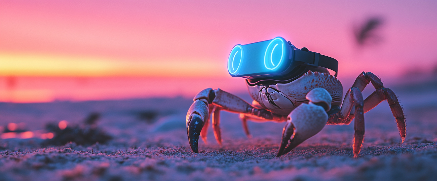 A crab using VR headset on beach at sunset