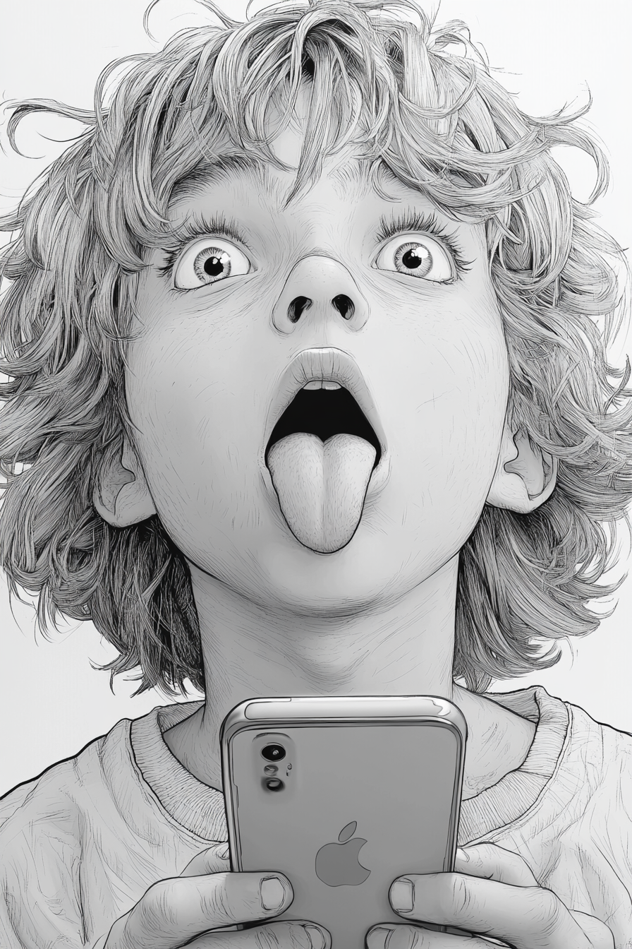 A crazy kid watches iPhone, tongue bitten, lineart cartoon