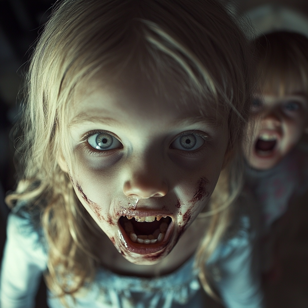 A creepy zombie with sharp teeth scares girl