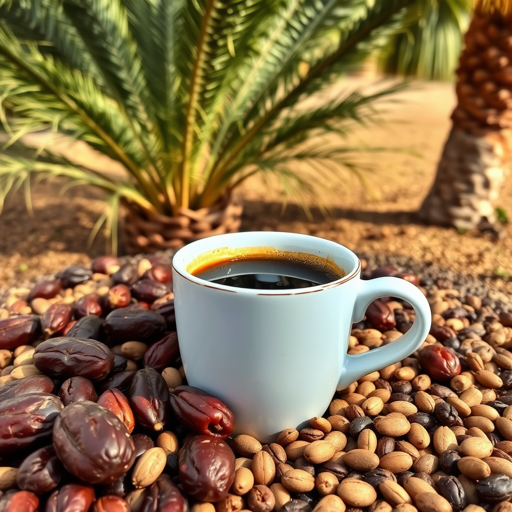 A cup of coffee among palm trees.