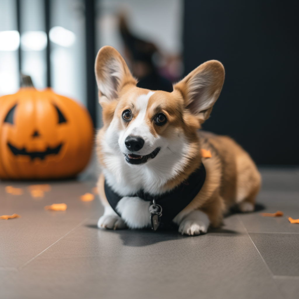 A curious Corgi in Halloween attire at work