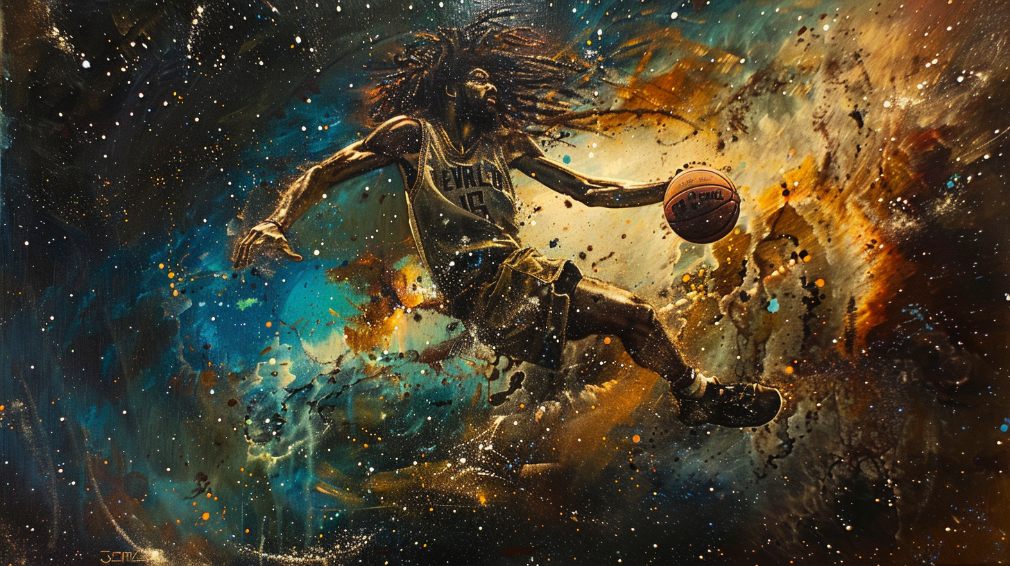 A curly-haired basketball player dunking in space.