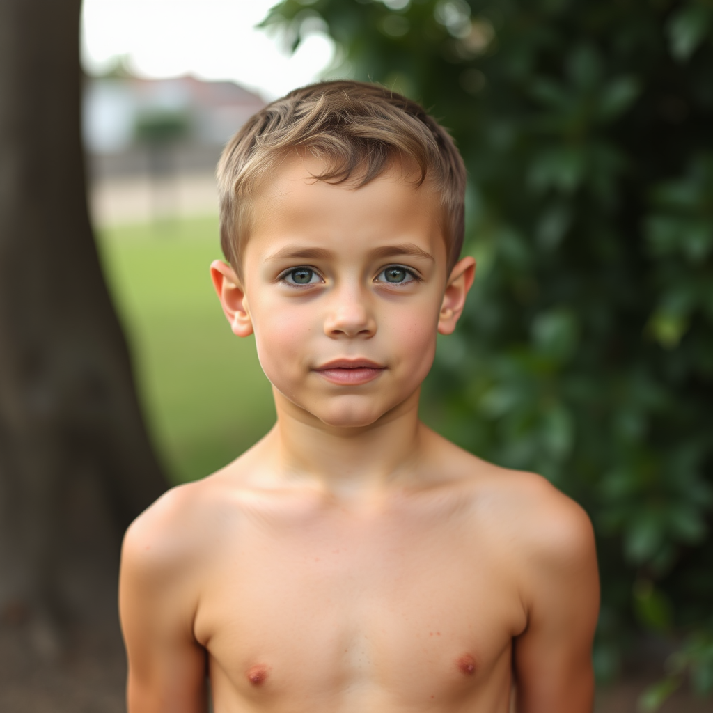 A cute 13-year-old boy standing shyly.