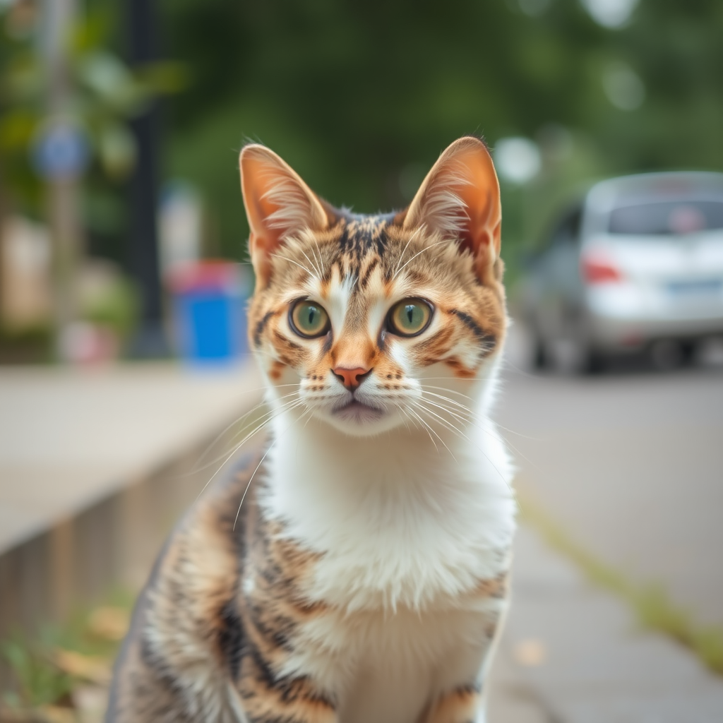 A cute American shorthair cat on the street.