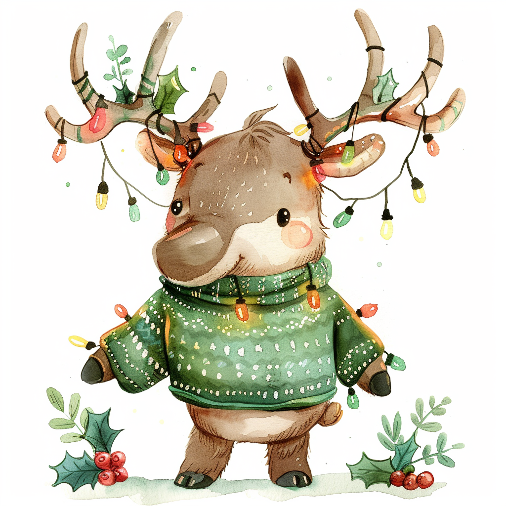 A cute Christmas moose with festive sweater.