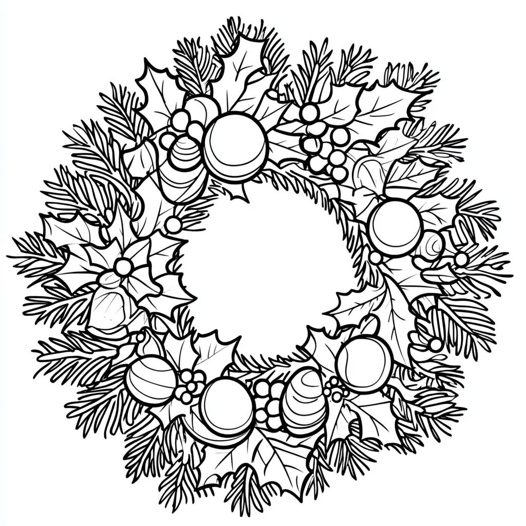 A cute Christmas wreath coloring page for kids