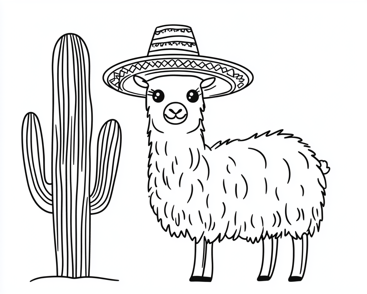 A cute Mexican llama with sombrero and cactus