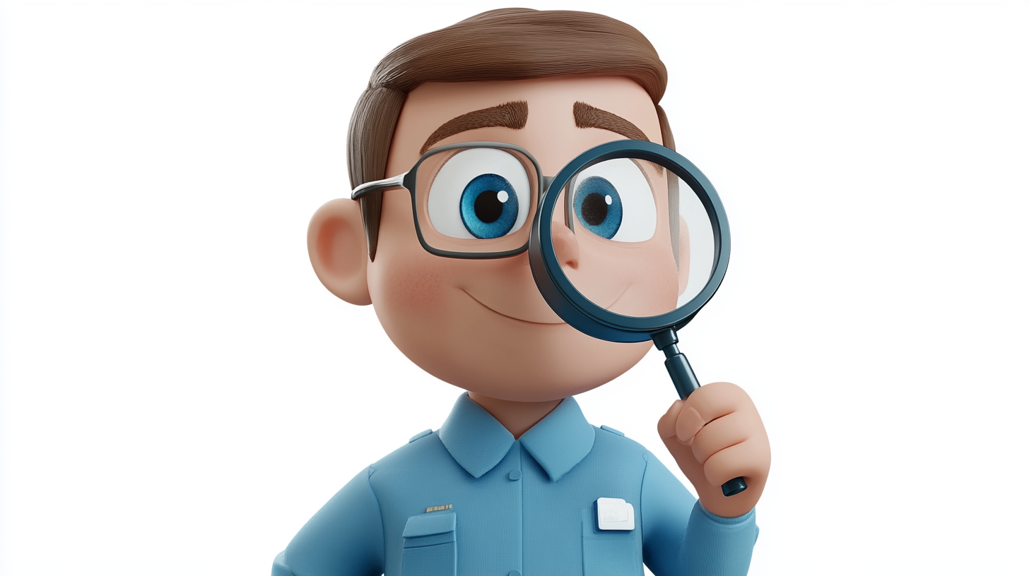 A cute airplane inspector looks through magnifying glass.