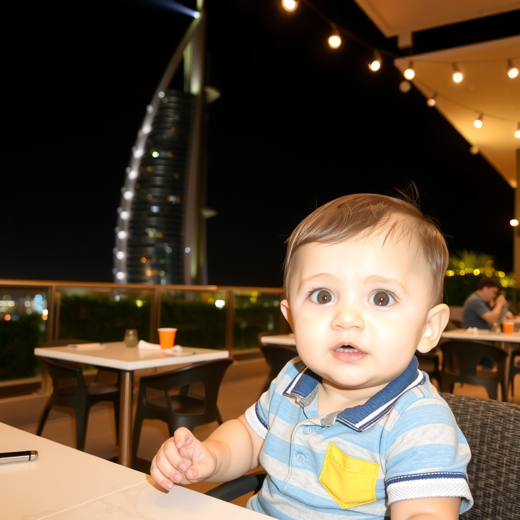 A cute baby boy sits outside a restaurant.