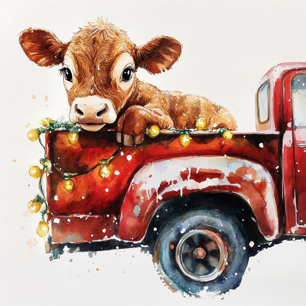 A cute baby cow in a red truck