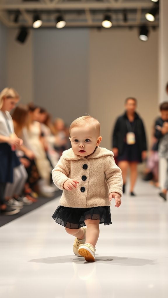 A cute baby walks with bunny at fashion show.