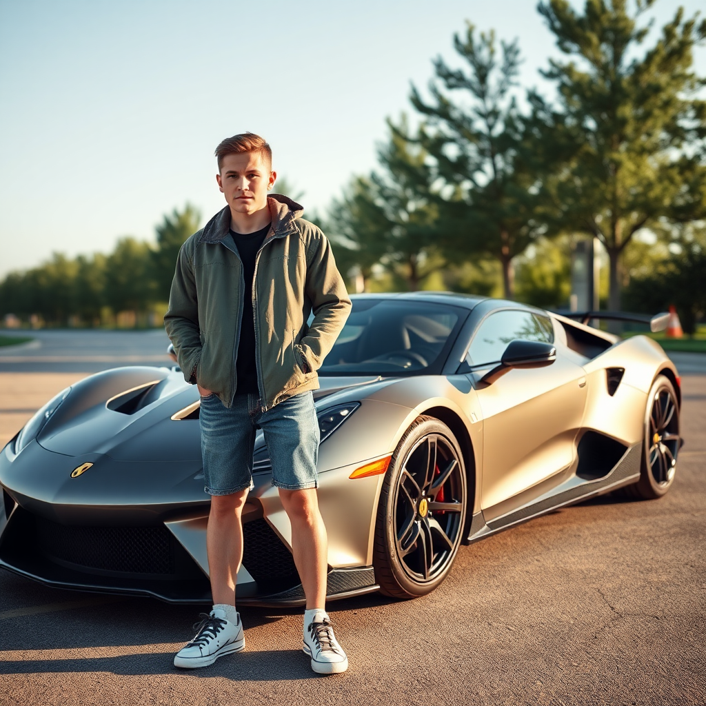 A cute boy standing next to sports car.