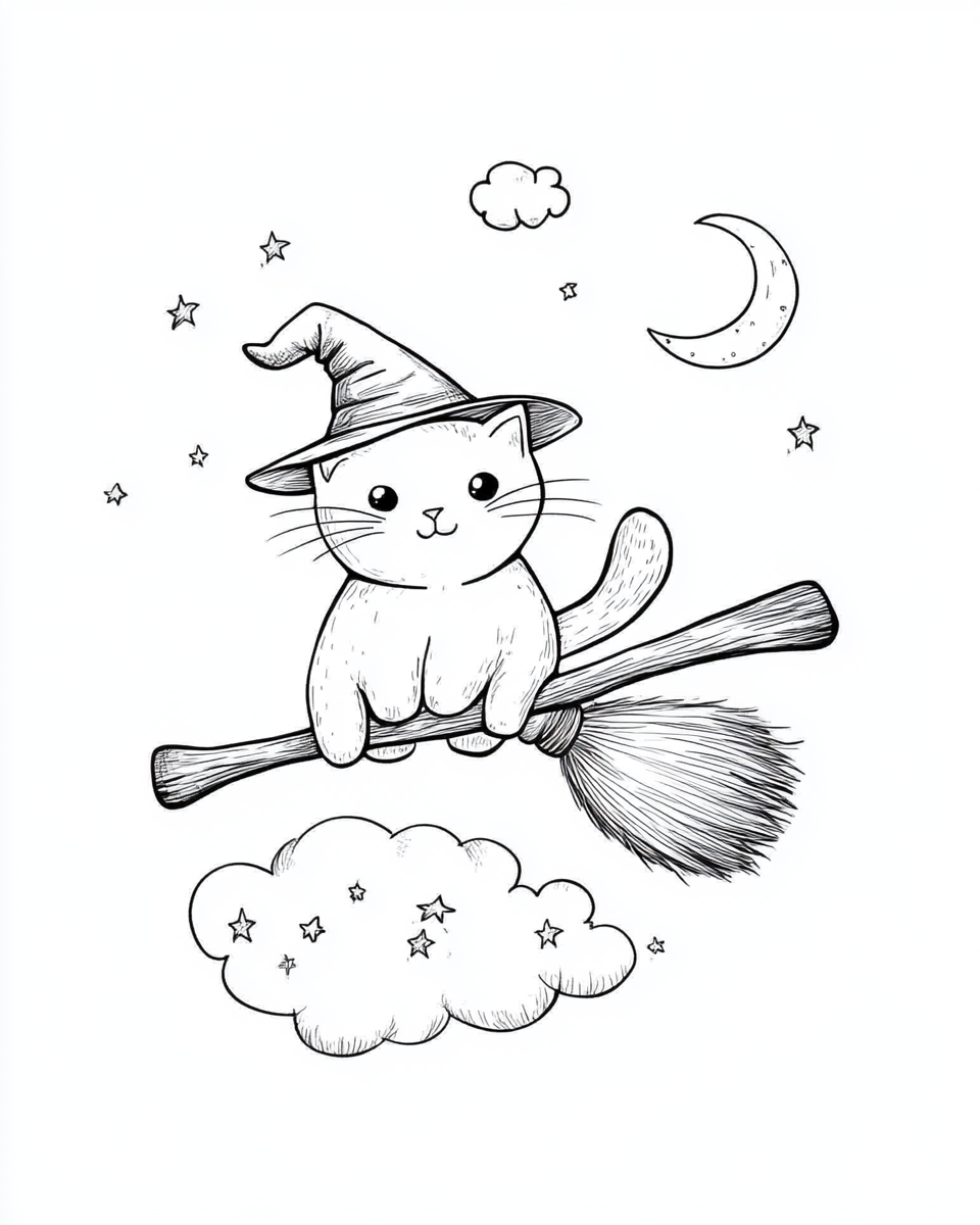 A cute cat flying on witch broom