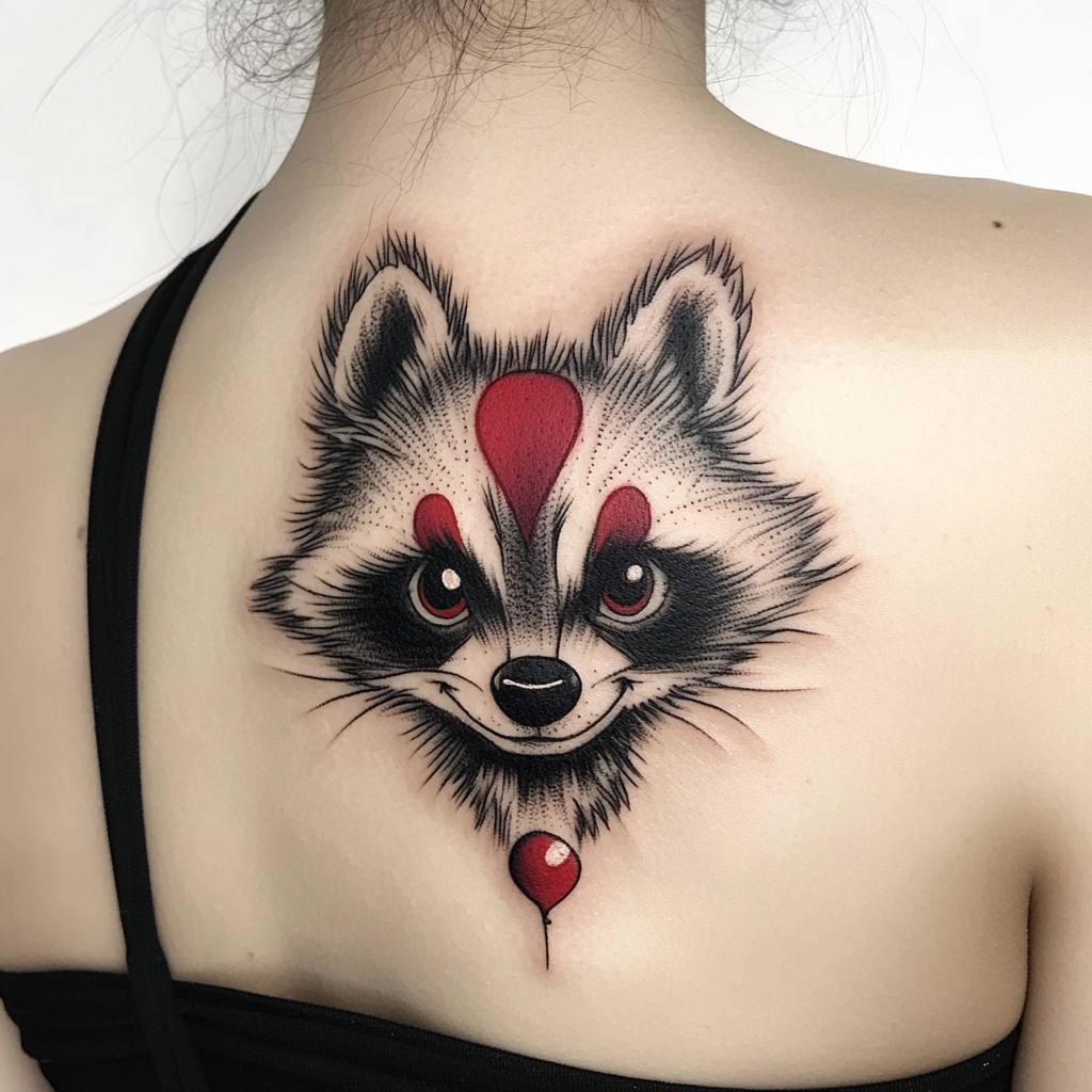 A cute clown raccoon tattoo on girl.