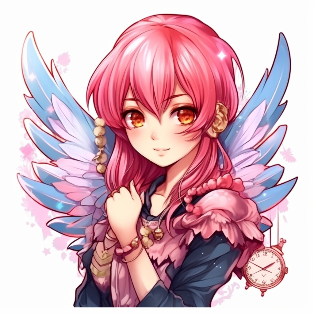 A cute fairy with colorful wings holding a watch