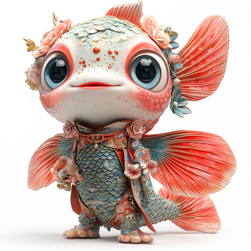 A cute fish-headed human in colorful Chinese style.