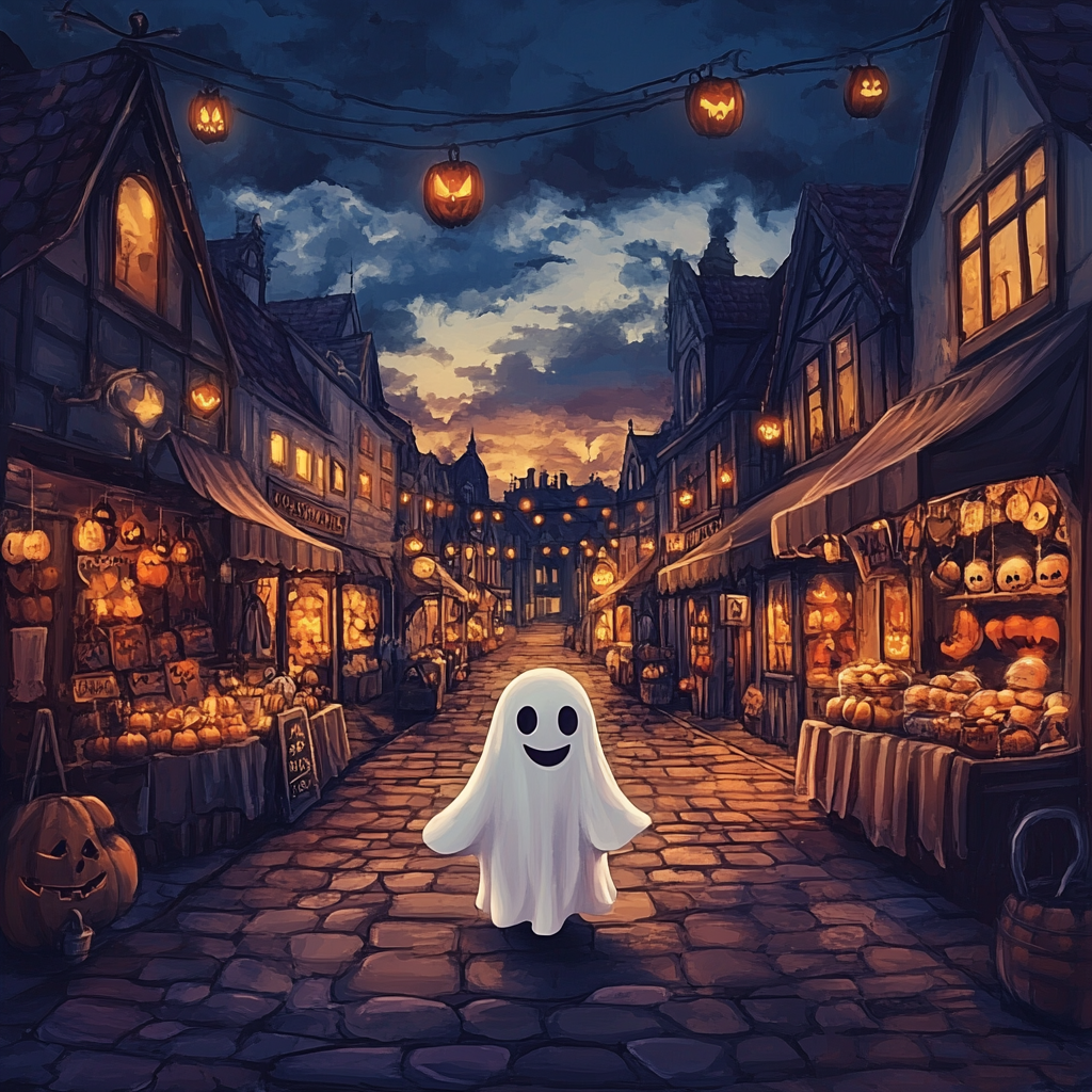 A cute ghost strolling through Victorian Halloween market.