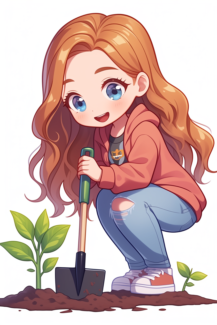 A cute girl planting young plants happily