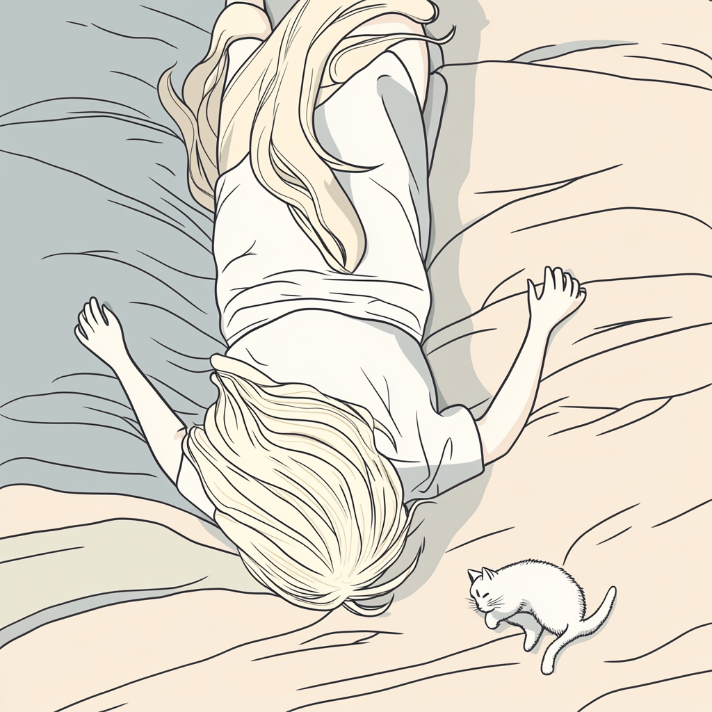 A cute girl with cat relaxing in bed