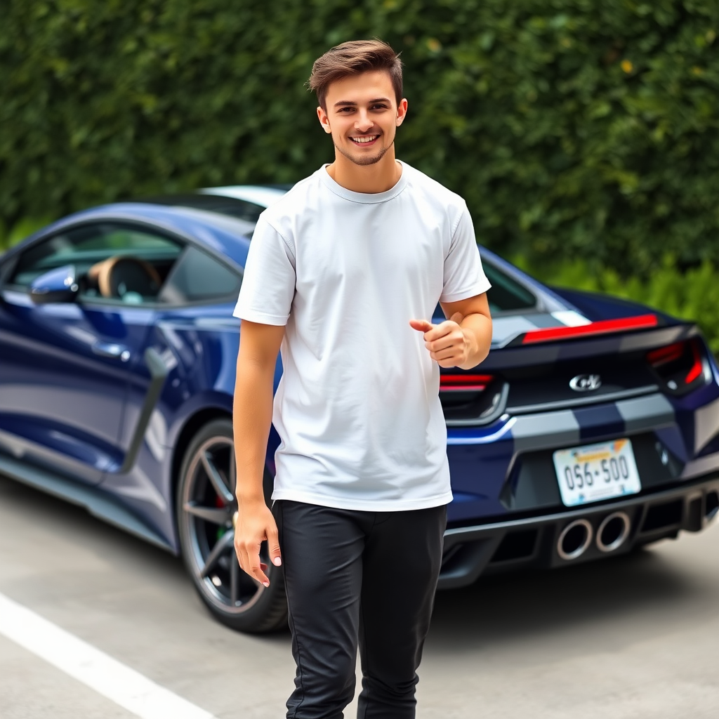 A cute guy standing by a sports car.