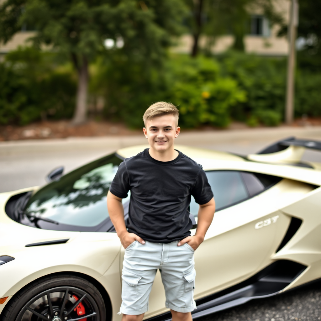 A cute guy standing by sports car.