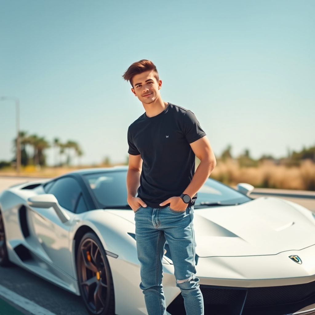 A cute guy standing next to a sports car.