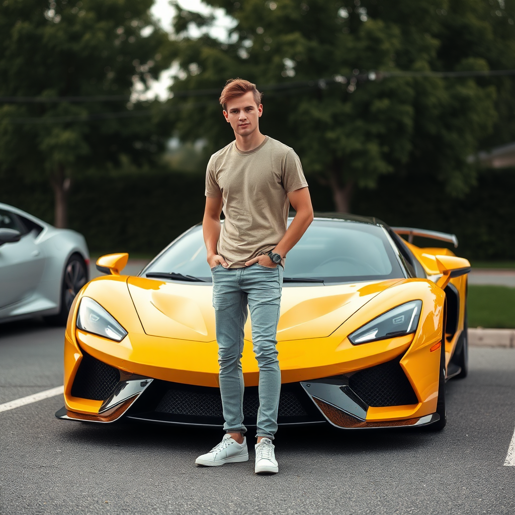 A cute guy standing next to a sports car.