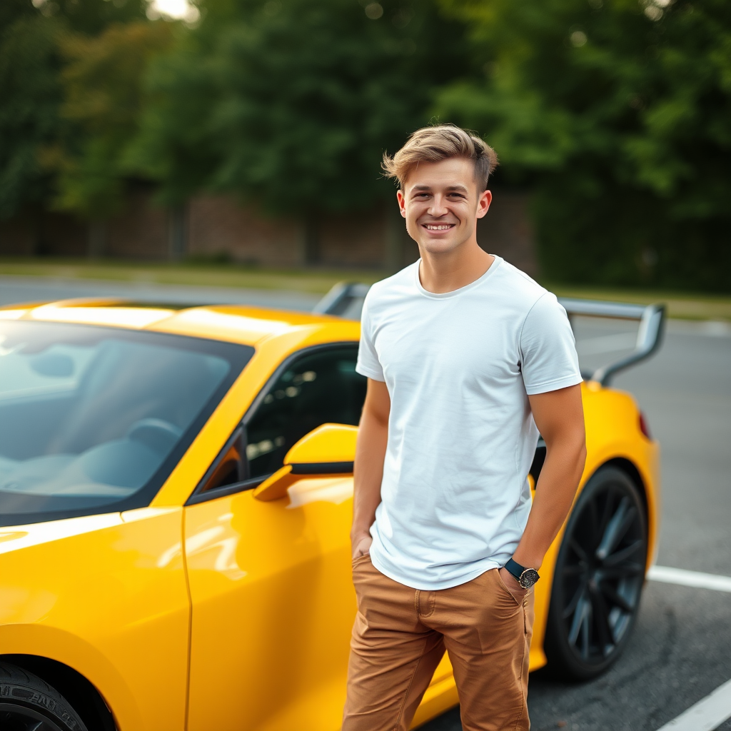 A cute guy standing next to car.