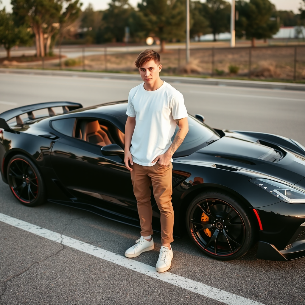 A cute guy standing next to sports car.