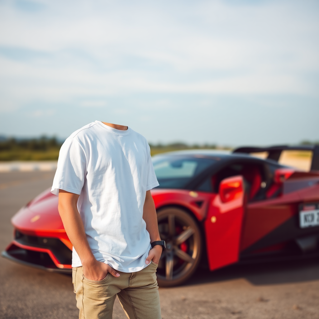 A cute guy standing next to sports car.