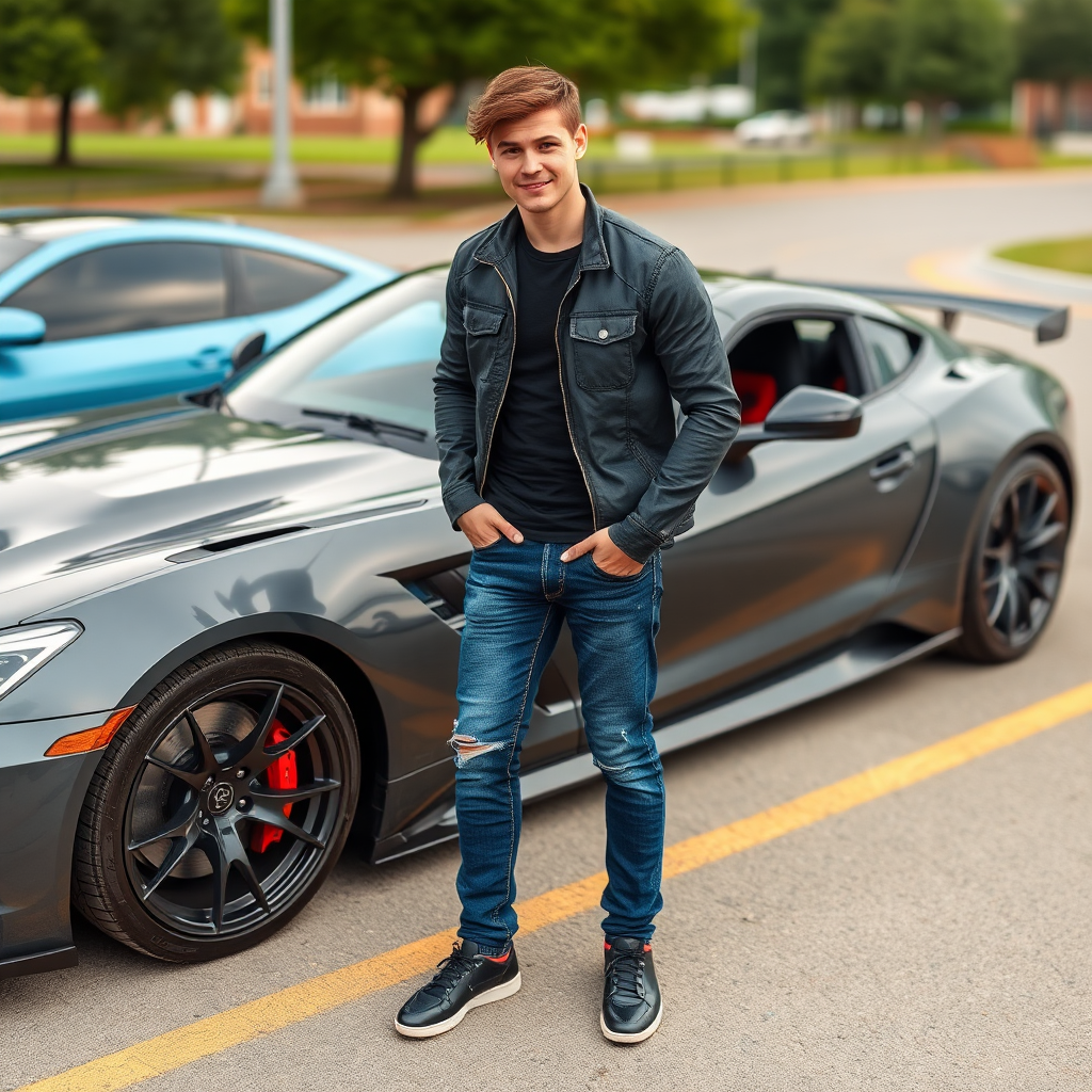 A cute guy standing next to sports car.