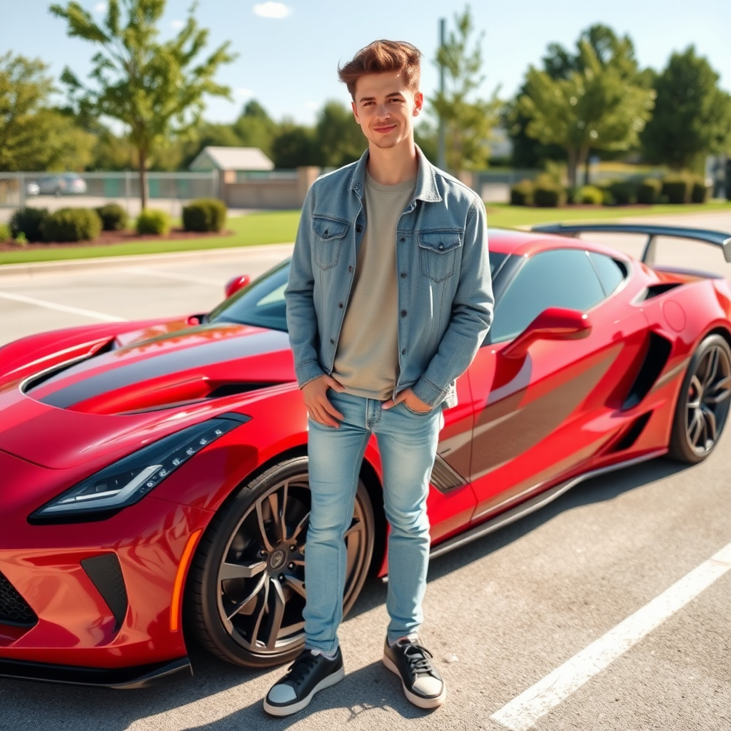 A cute guy standing next to sports car