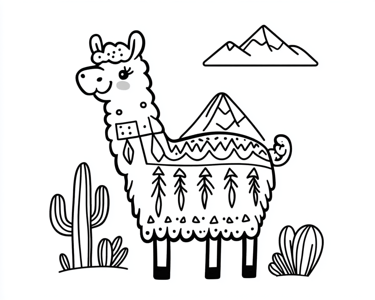 A cute llama in Mexican landscape coloring page