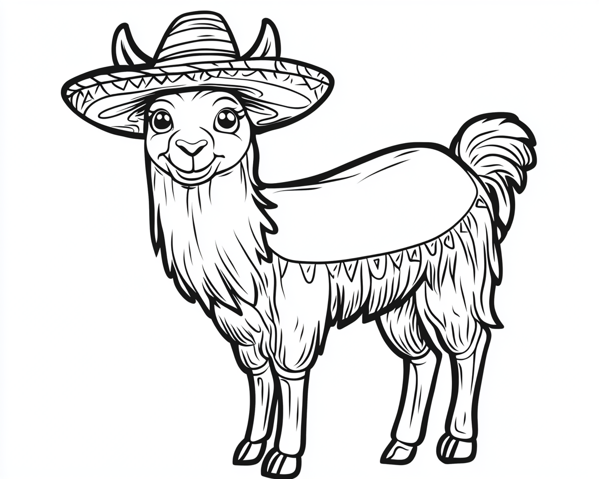 A cute llama with a sombrero coloring page