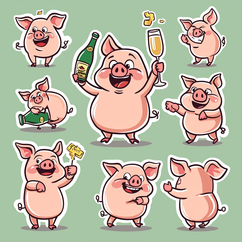 A cute pig sticker with exaggerated expressions