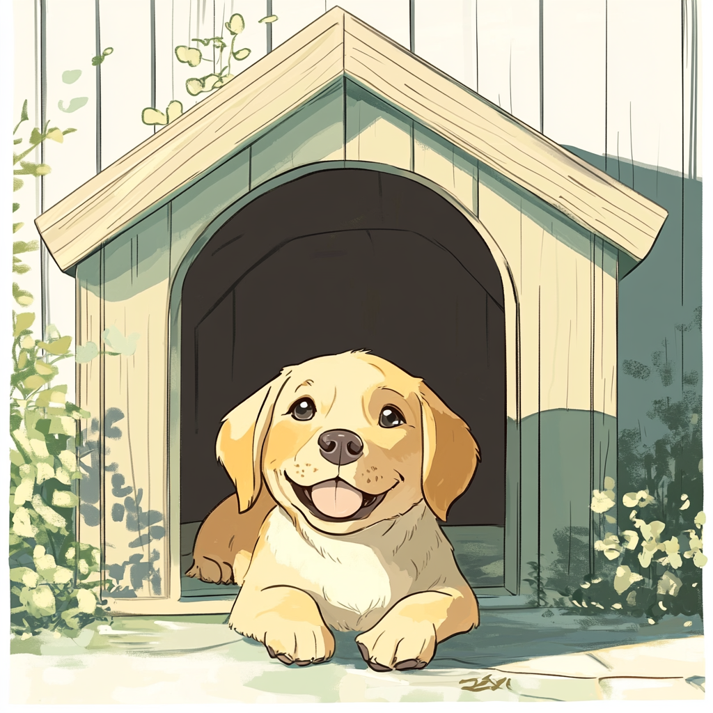 A cute puppy in a cozy doghouse.