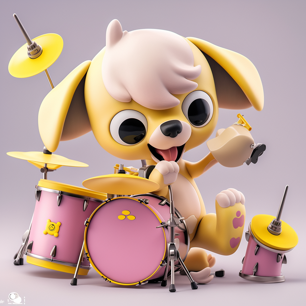 A cute rockstar drummer dog plushie in dynamic pose