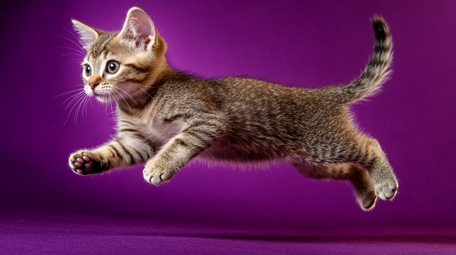 A cute tabby cat in mid-air. Magazine photo