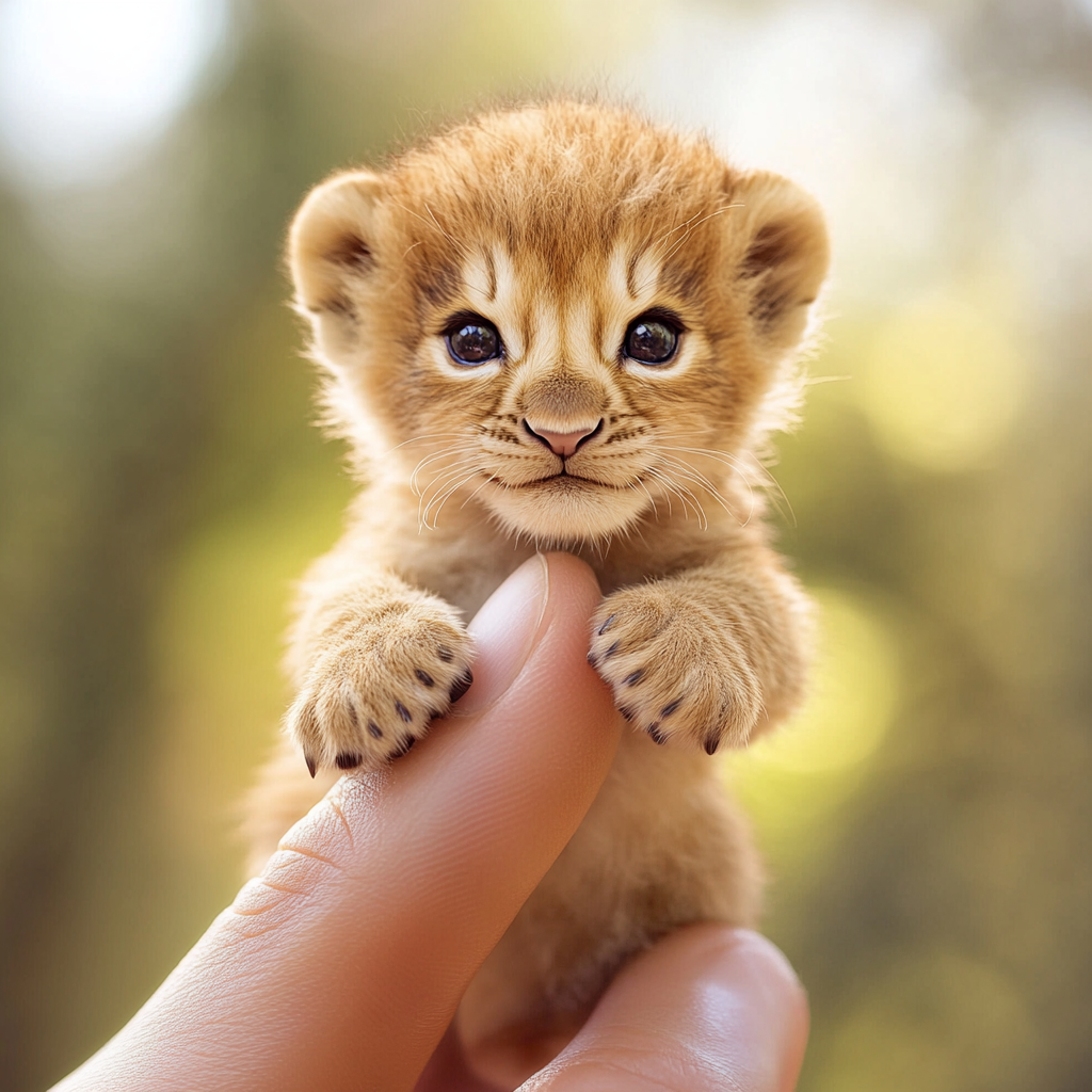 A cute tiny lion cub resting on finger