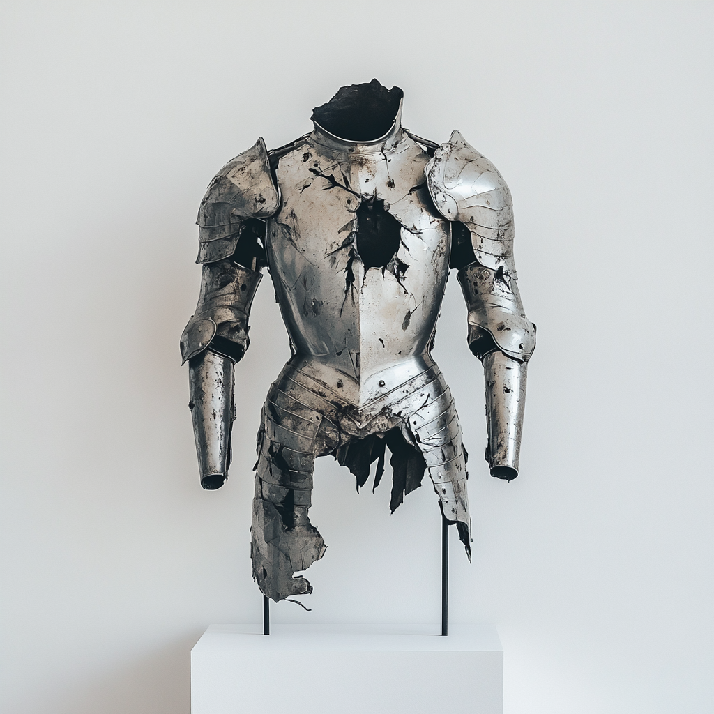 A damaged knight's armor on display gallery box